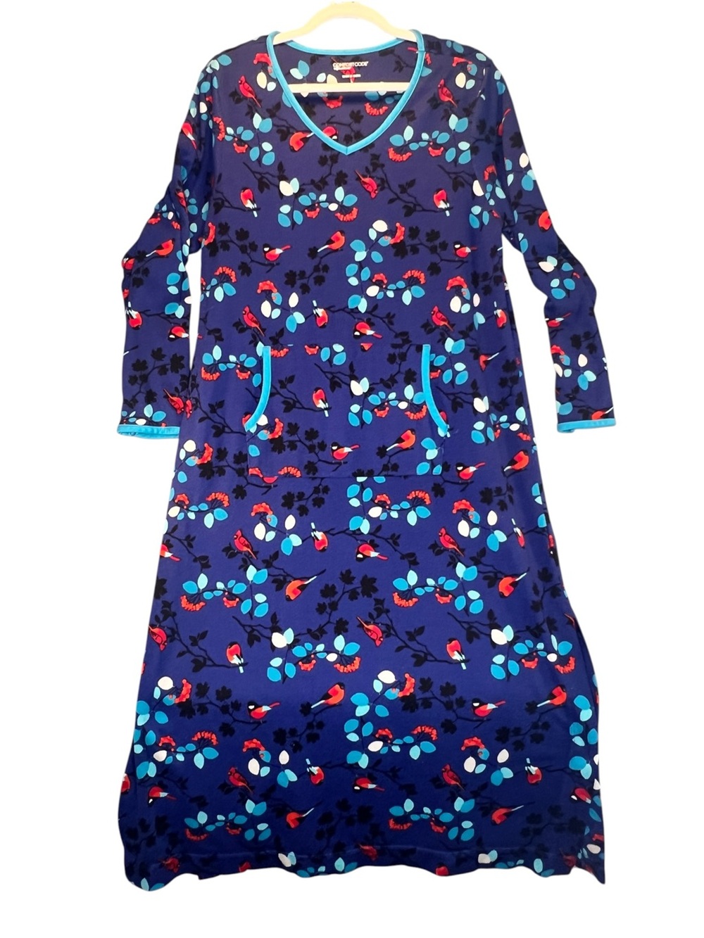 Cuddle Duds Comfort Code Blue & Red Cardinal Nightgown Large Full Length Pocket